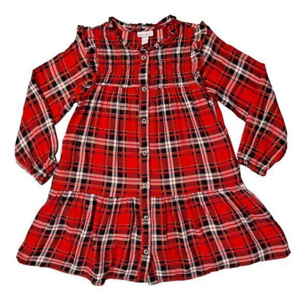 Cat & Jack Girls Red/Black Plaid Button Front Holiday Dress Medium M 7/8 pockets